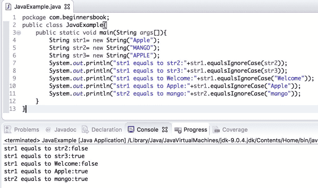 Java equalsIgnoreCase() method example