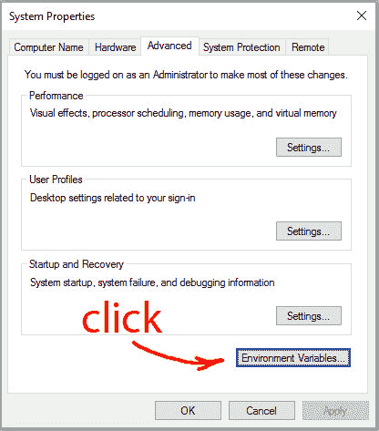 system properties window environment variables
