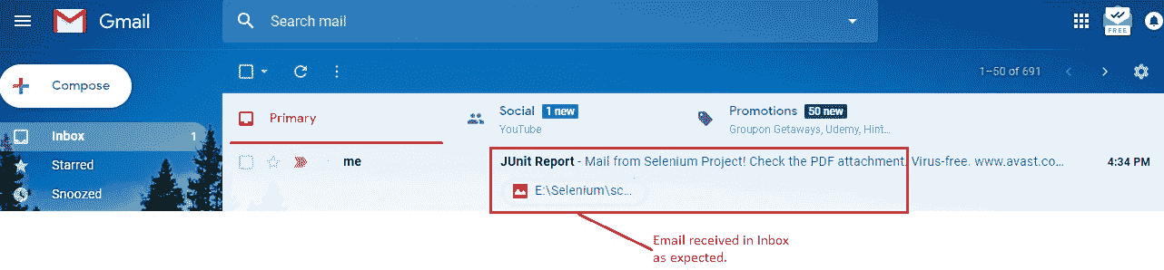 Email received in Inbox