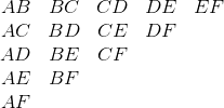 \begin{matrix} AB & BC & CD & DE & EF\\ AC&BD&CE&DF&\\ AD&BE&CF&&\\ AE&BF&&&\\ AF&&&&\\ \end{matrix}