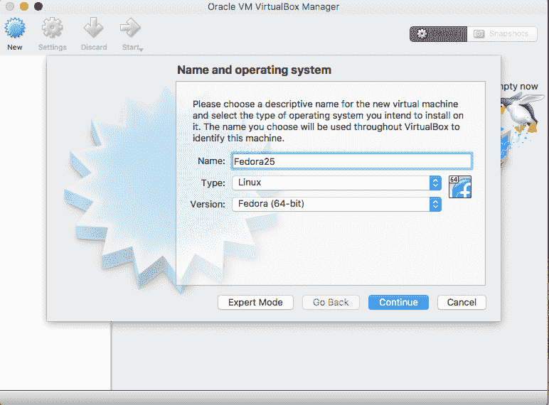 Create Fedora VM Name and Operating System