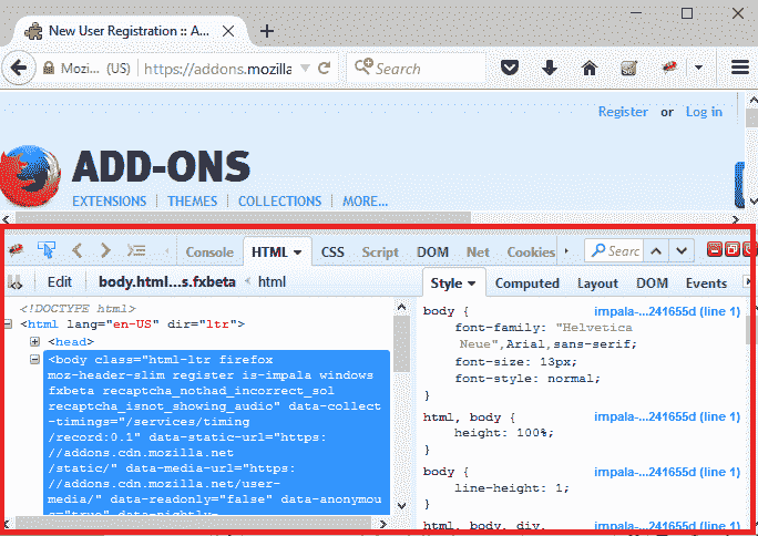 Firebug interface