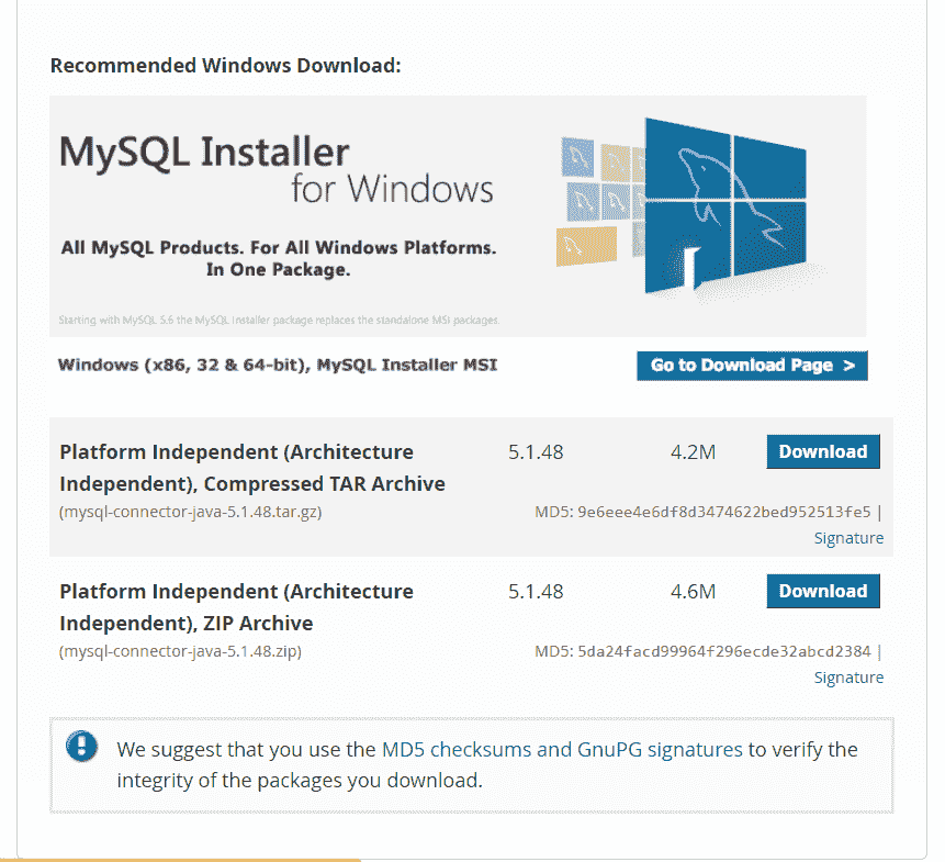 Jar file downloads page mySQl for Java