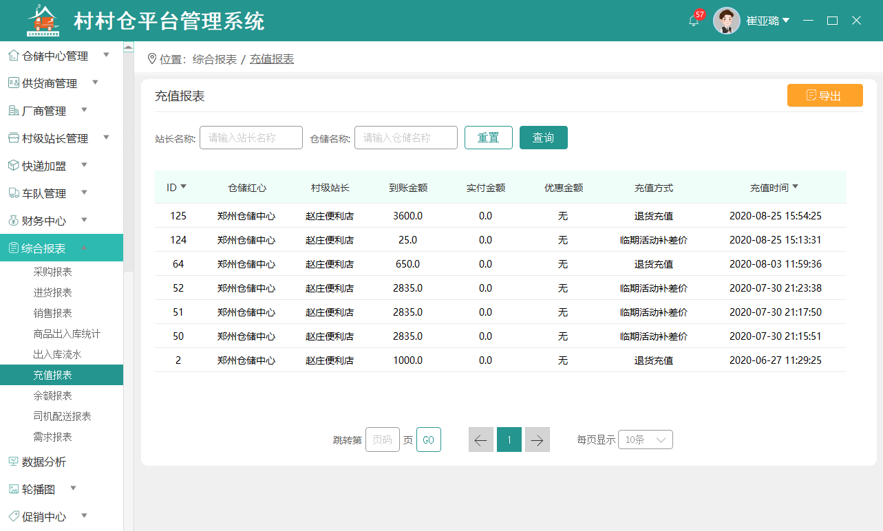 充值报表 村村仓系统操作手册 看云