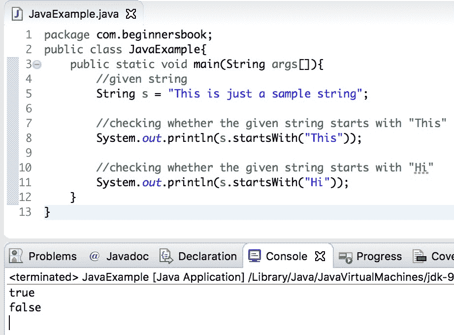 Java String startsWith method example
