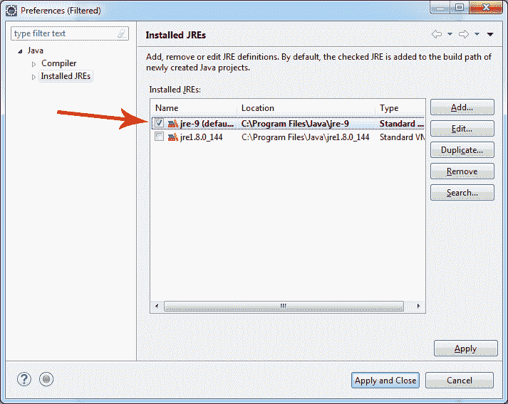 Select java 9 as default JRE