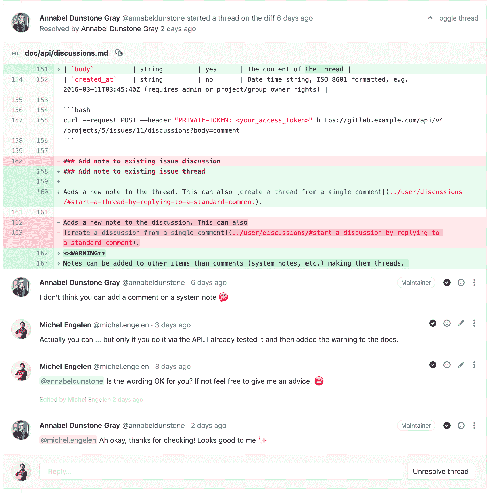 "A thread between two people on a piece of code"