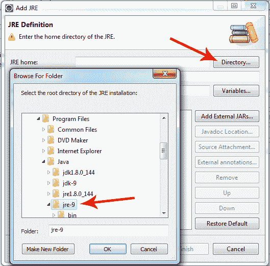 Select JRE 9 directory