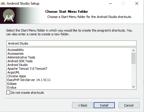 Step 5: Choose start menu folder
