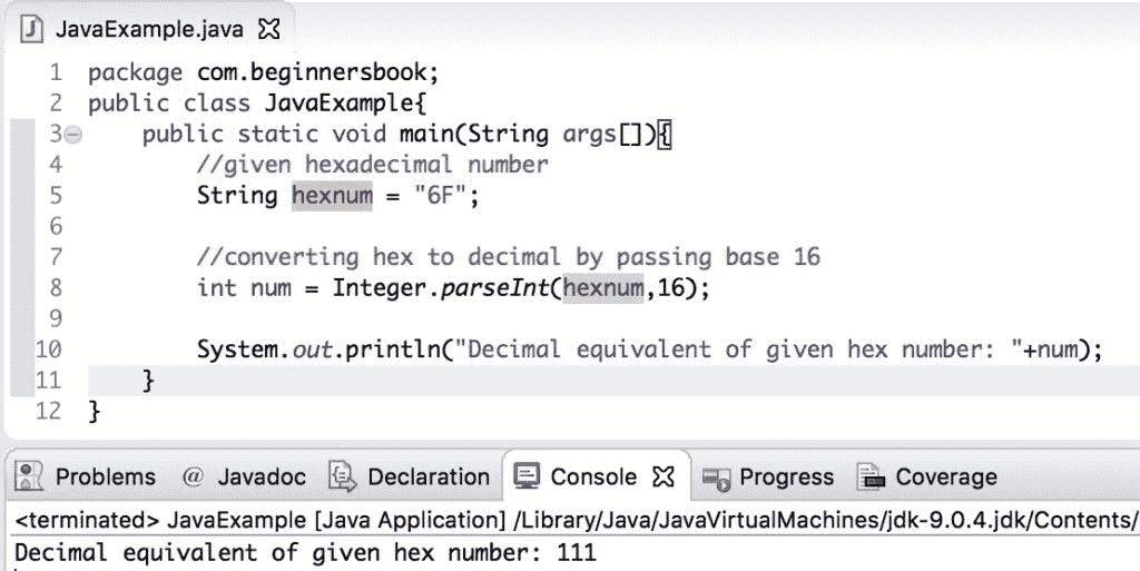 Java hexadecimal to decimal example