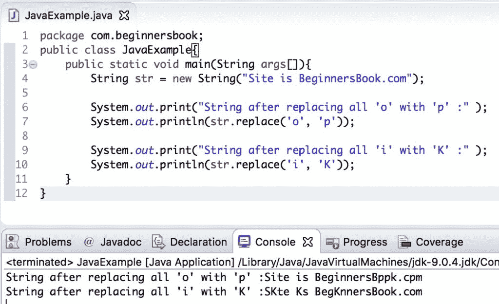 Java String replace method example
