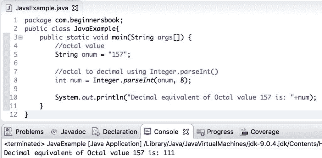 Java octal to decimal conversion example