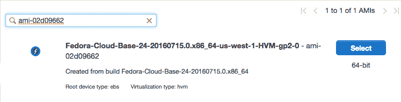 Select the 64-bit Fedora Linux AMI