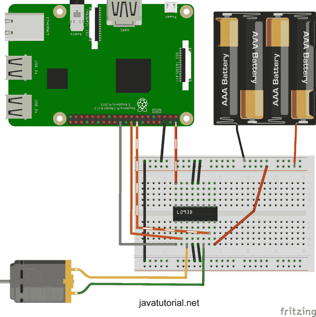 Hardware setup for Raspberry Pi 3 to control one DC motor with L293D and Java in both directions