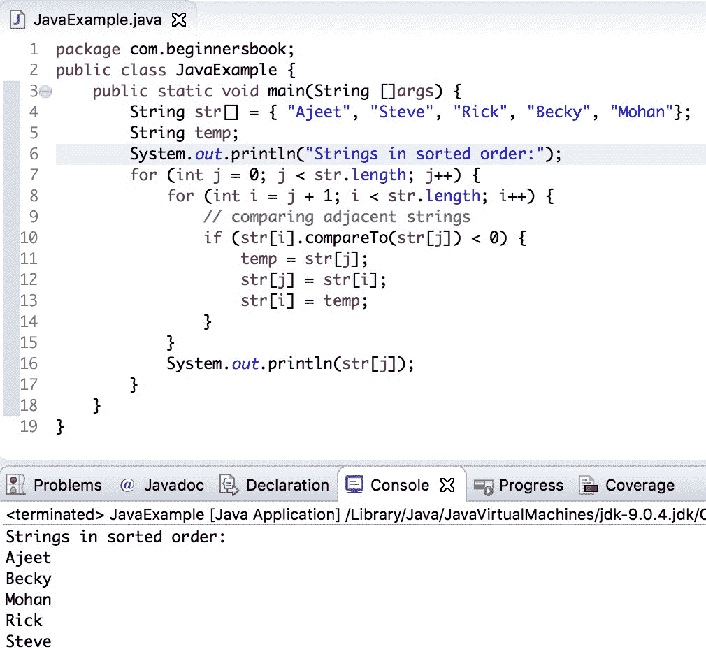 Java bubble sort on strings example