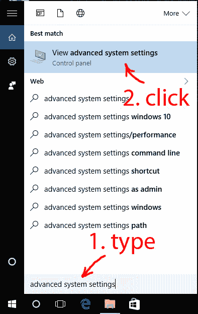 Search for advanced system settings