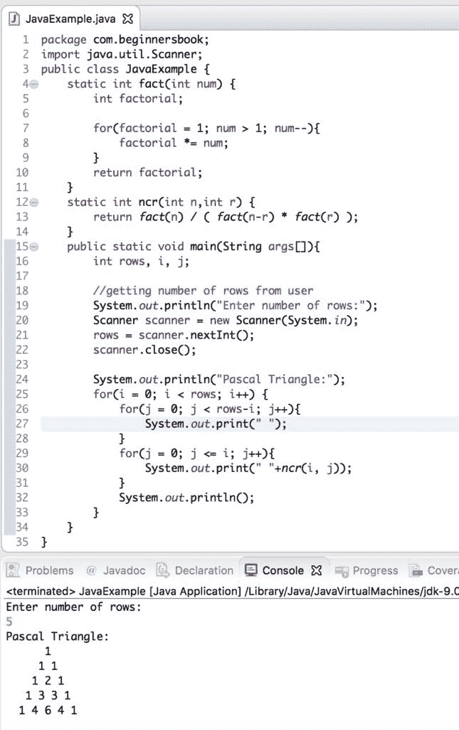 Java Program to print Pascal Triangle