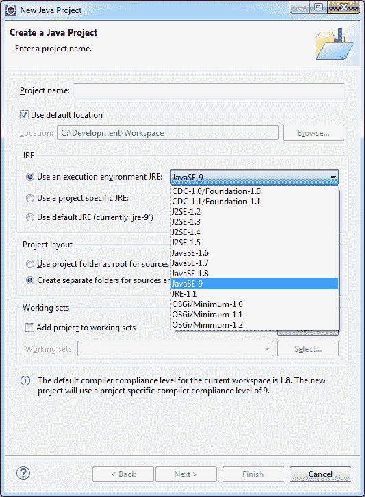 Select java 9 execution environment
