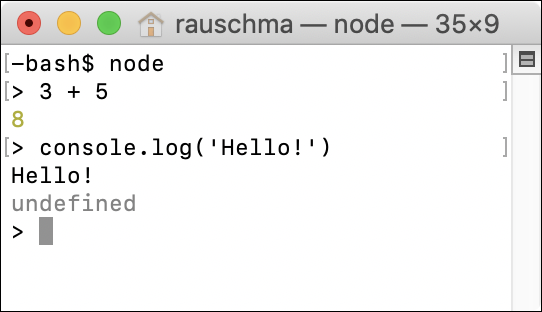 圖 4:開始使用 Node.js REPL(交互式命令行)。