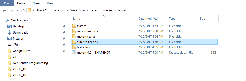 Location of your JAR file is under target folder of your project's directory. 