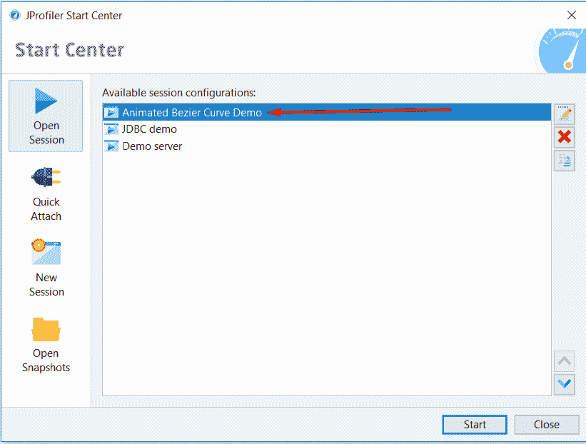 JProfiler start center session configuration