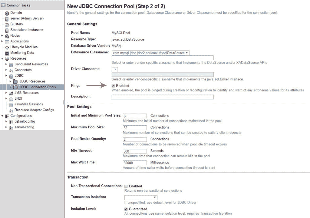 Create JDBC connection pool step 2