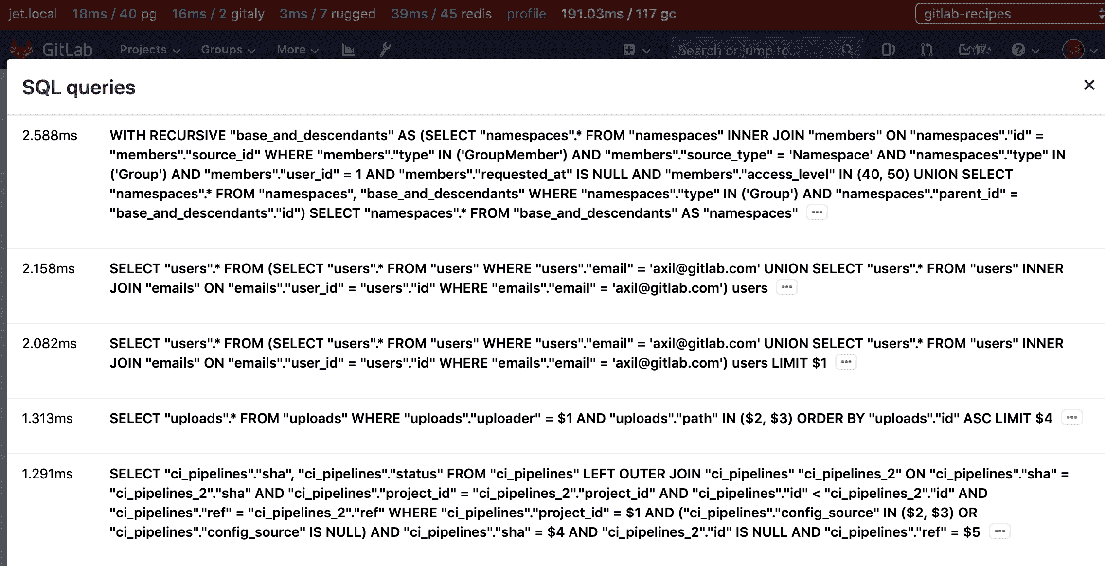 使用性能欄進行 SQL 分析